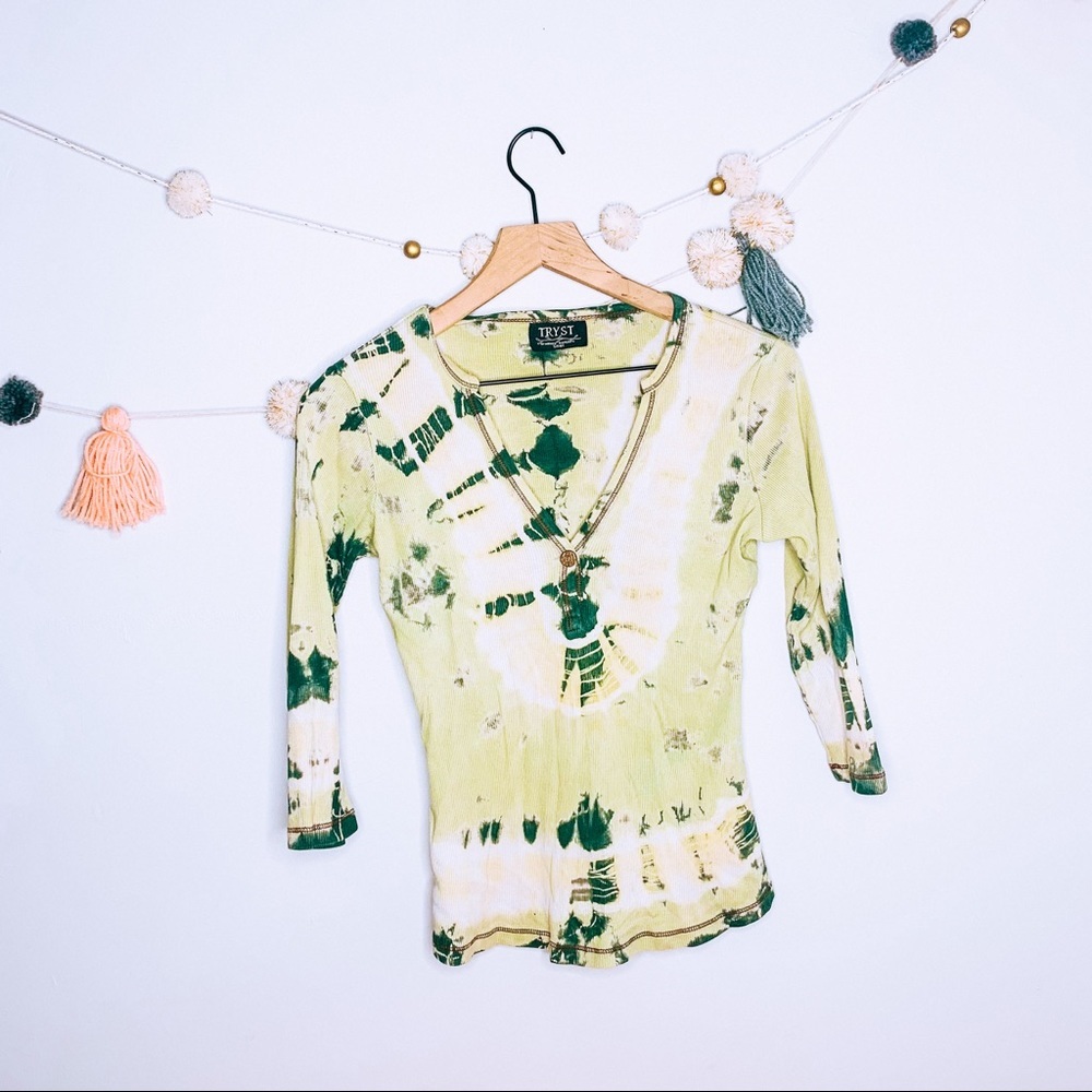 VINTAGE y2k ribbed crop green tie dye tee